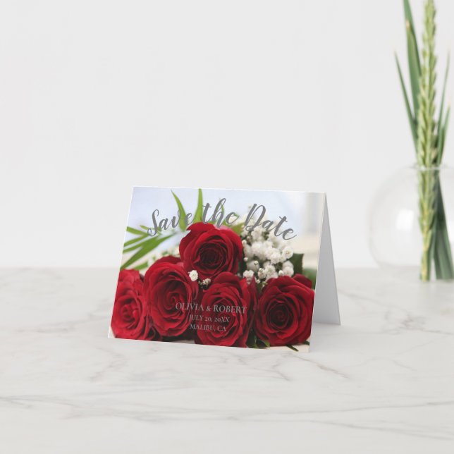 Carte Script simple - roses rouges Enregistrer la date (Devant)