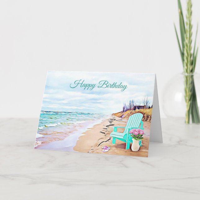Carte Seaside Beach Scene Chaise Turquoise Fleurs Annive (Devant)