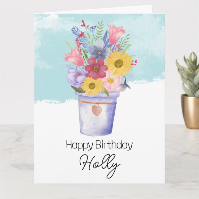 Carte seau rempli de fleurs pour les vœux d'anniversaire (Petite plante)
