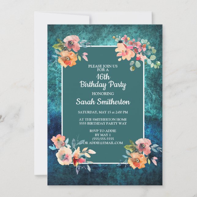 Carte Seizième fête d'anniversaire Turquoise rose rayure (Devant)