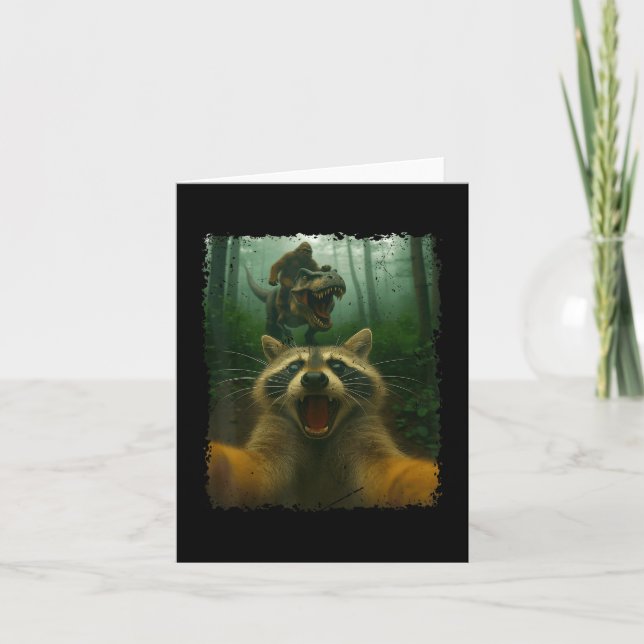 Carte Selfie De Raccoon Drôle Avec Dinosaure T-Rex Et Bi (Devant)