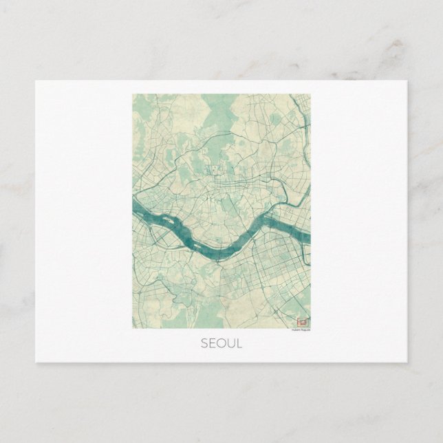 Carte Séoul Aquarelle Vintage bleue (Devant)