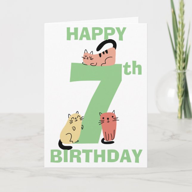 Carte Septième (7e) Anniversaire Doodle Cats Message per (Devant)