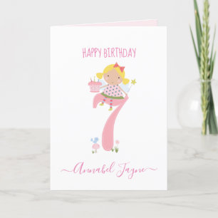 Carte Septième anniversaire fée mignon rose personnalisé