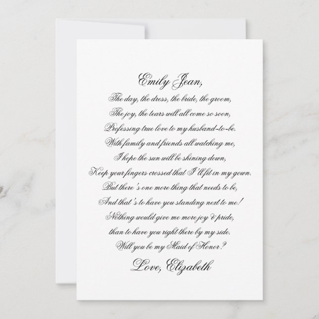 Carte Serez-vous ma servante d'honneur Script Poem Card (Devant)