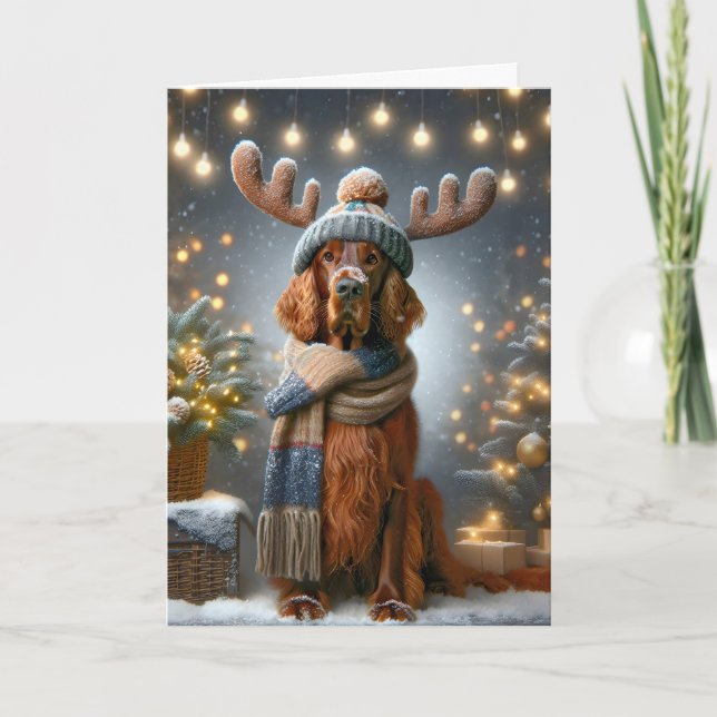 Carte Setter Irlandais De Noël Avec Antlers De Rennes (Devant)