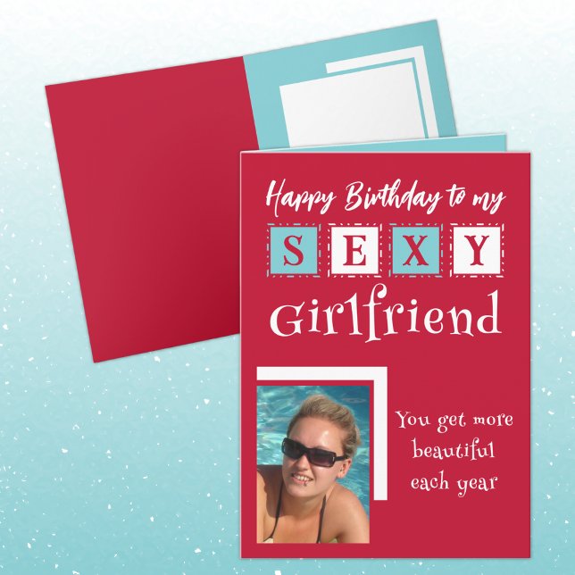 Carte Sexy petite amie ajouter photo rouge bleu annivers (Créateur téléchargé)