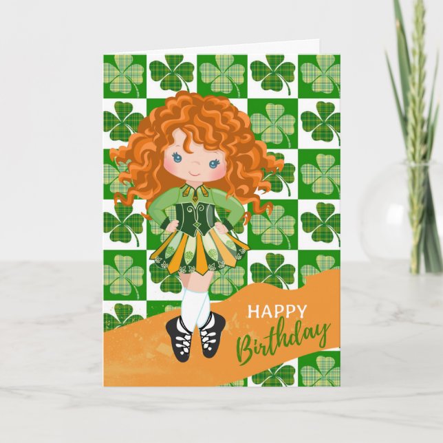 Carte Shamrock Irlandaise Danse Redhead Girl Anniversair (Devant)