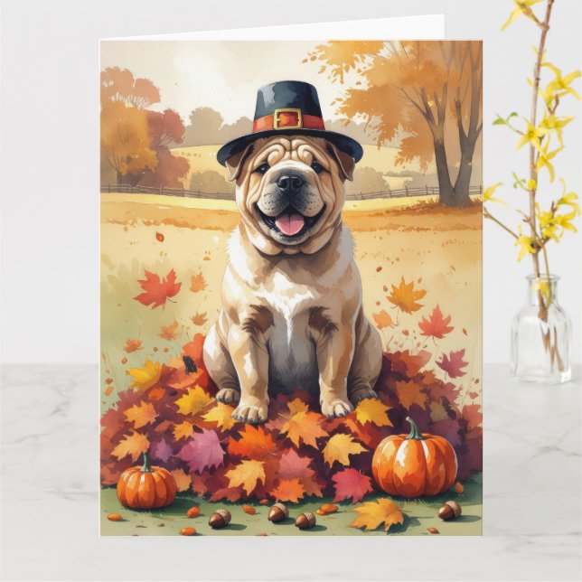Carte Shar Pei À L'Automne Quitte L'Art Thanksgiving (Fleur jaune)