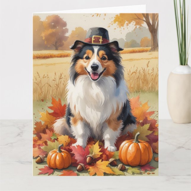 Carte Shetland Sheepdog Automne quitte Thanksgiving Art (Devant)