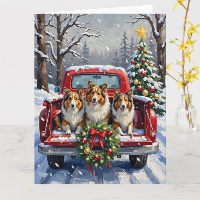 Carte Shetland Sheepdog Christmas Red Truck Holiday (Fleur jaune)