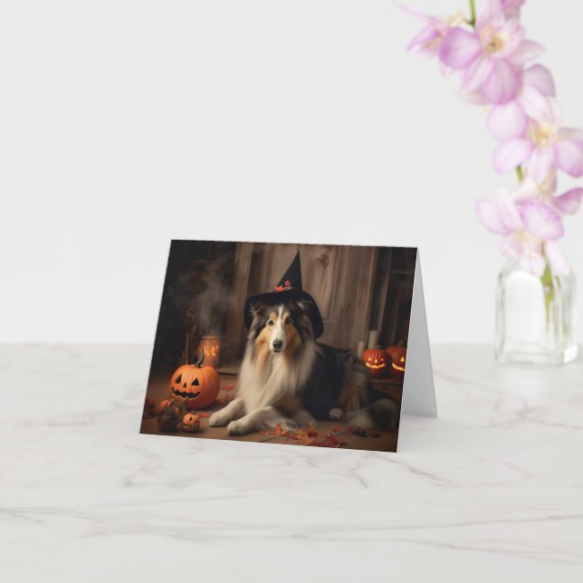 Carte Shetland Sheepdog Citrouille Halloween effrayant (Orchidée)