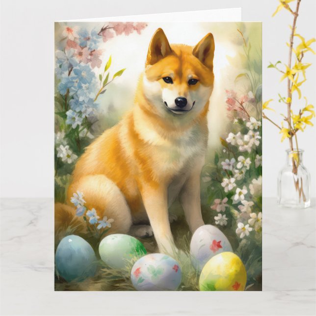 Carte Shiba Inu avec les oeufs de Pâques vacances (Fleur jaune)