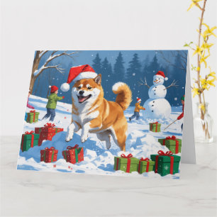 Carte Shiba Inu courant dans la neige avec un chapeau de