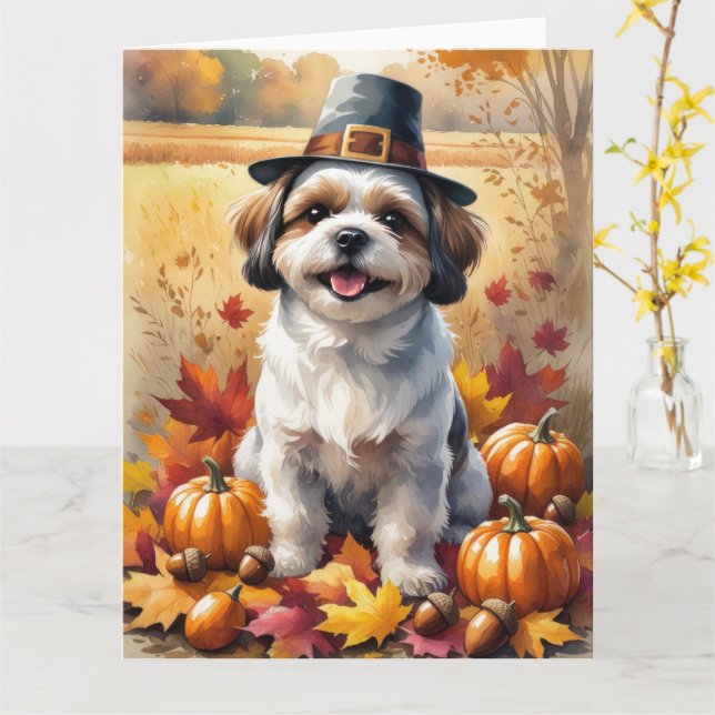 Carte Shih Tzu À L'Automne Laisse L'Art Thanksgiving (Fleur jaune)