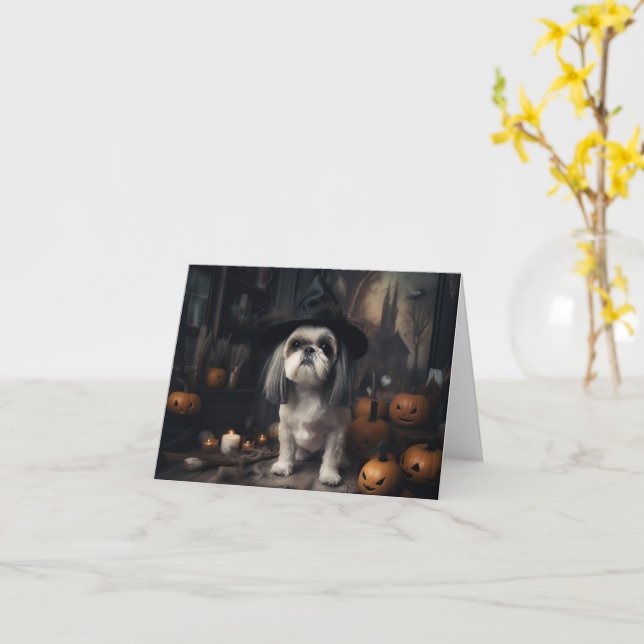Carte Shih Tzu Citrouilles Halloween effrayant (Fleur jaune)