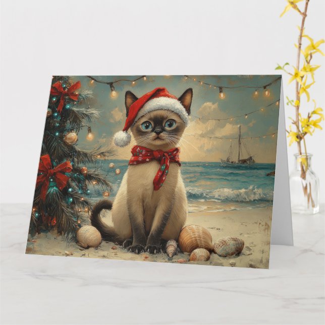Carte Siamese Chat Christmas Plage Vintage (Fleur jaune)