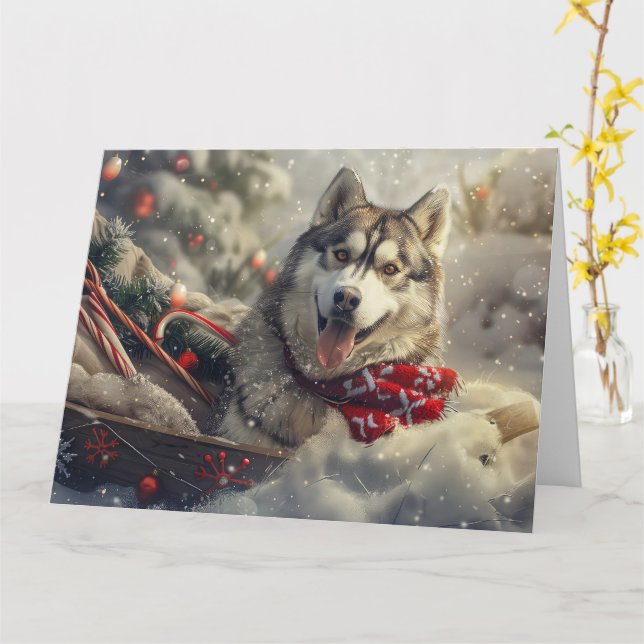 Carte Sibérie Husky Chien Festif de Noël (Fleur jaune)