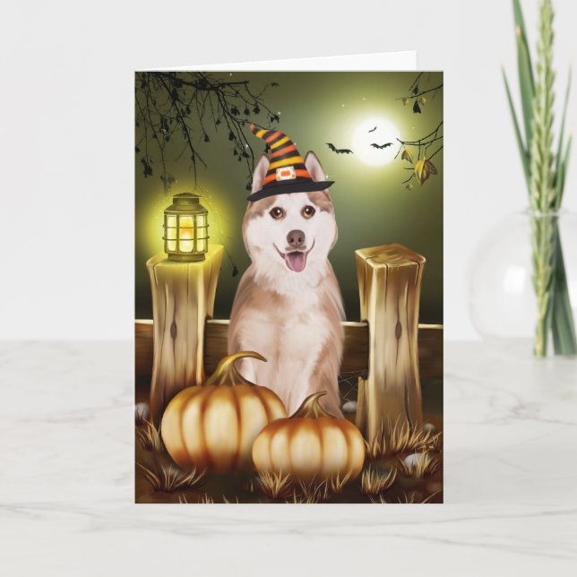 Carte Sibérien Husky avec Casquette sorcier Halloween (Devant)