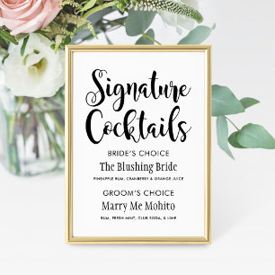 Carte Signature Cocktails Mariage de script noir moderne
