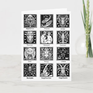 Carte Signes zodiaques libellés en gras en noir et blanc