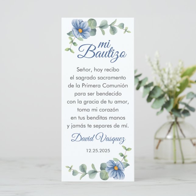 Carte Signet Bautizo Favoriser Vert Feuilles Fleurs Bleu (Debout devant)