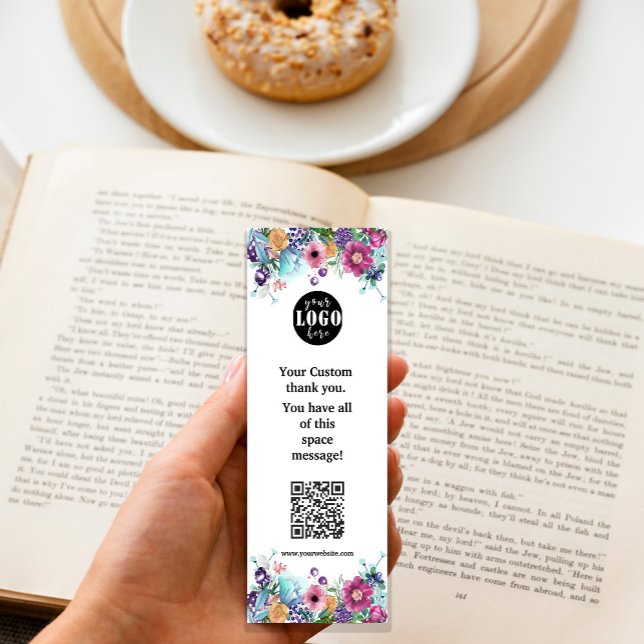 Carte Signet Berry Sweet Blueberry & Flowers (Berry Sweet Blueberry & Flowers #floralbookmark #flowersbookmark #qrcode #addlogo #pinkandturquoise)