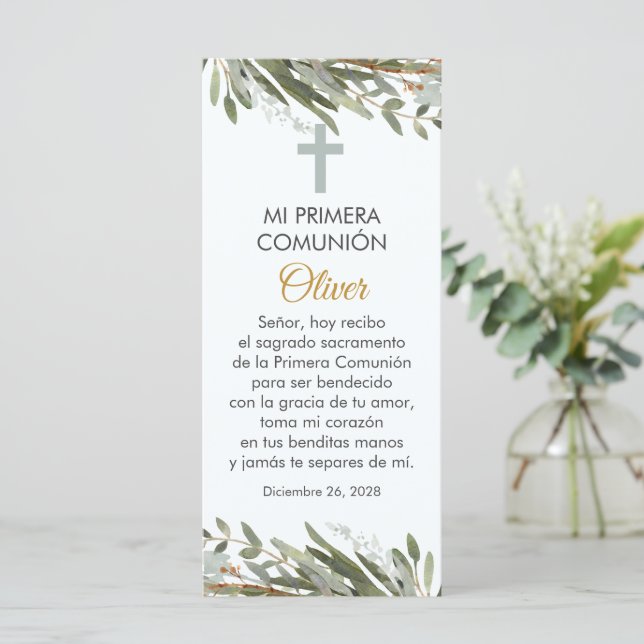 Carte Signet de la première communion verte en espagnol (Debout devant)