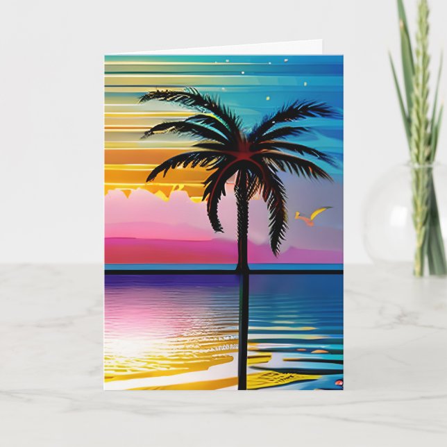 Carte Silhouette de palmier et coucher du soleil | Anniv (Devant)