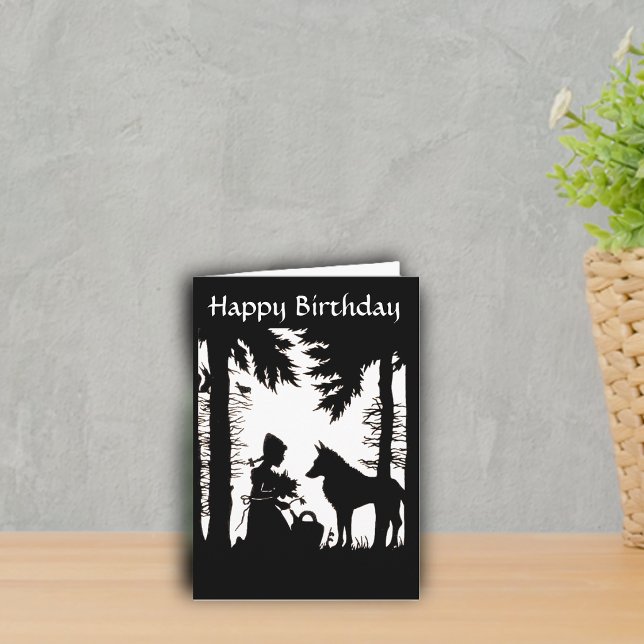 Carte Silhouette du Petit Chaperon Rouge Loup Bois Anniv (Black white Red riding hood under trees with flowers with wolf on Birthday greeting card.)