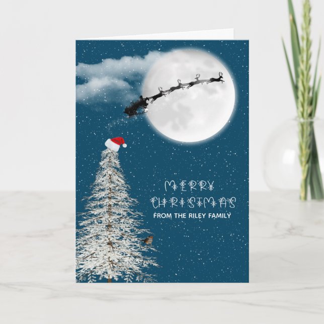 Carte silhouette Père Noël et rennes au clair de lune (Devant)