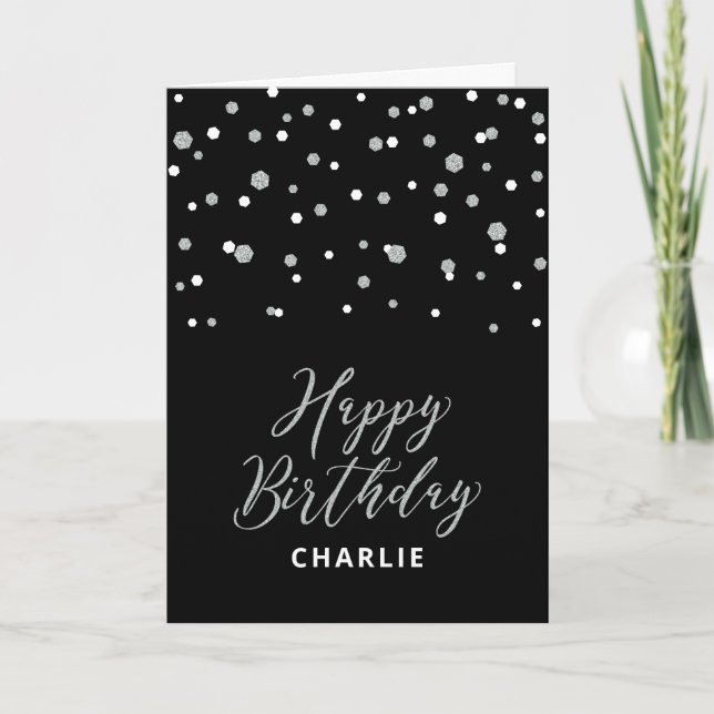 Carte Silver & Black Happy Birthday Custom Nom Greeting (Devant)