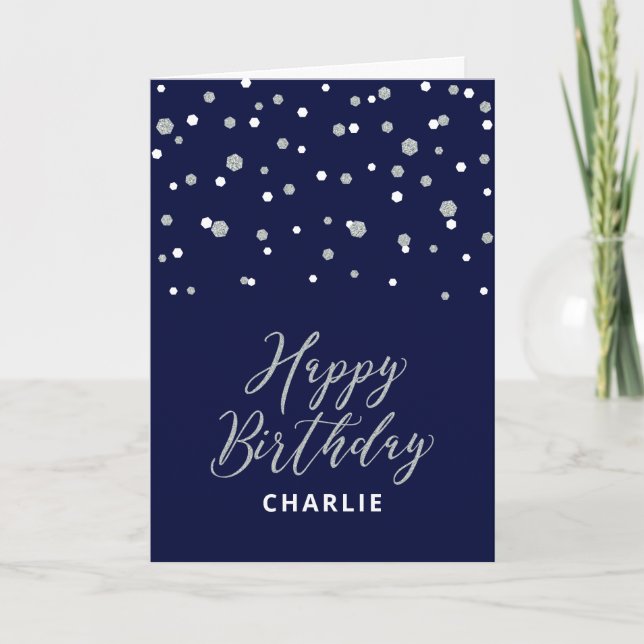 Carte Silver & Blue Joyeux Anniversaire Personnalisé Nom (Devant)