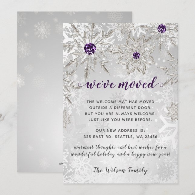 Carte Silver Purple Snowflakes Nous avons déplacé les Ca (Devant / Derrière)