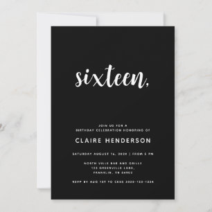 Carte Simple Black Sweet 16e anniversaire de fête Invita