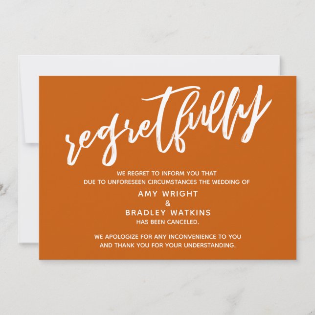 Carte simple de regrets orange brûlé pour mariage  (Devant)