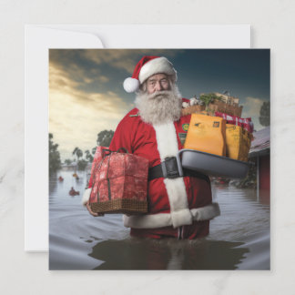 Carte simple face Père Noël Australien inondation