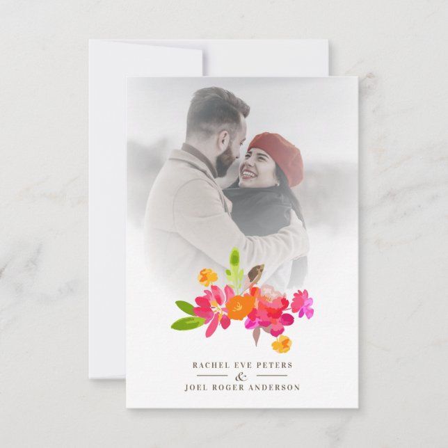 Carte Simple Floral Garland Romantic Photo Wedding (Devant)