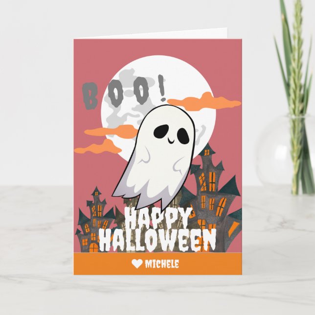 Carte Simple Happy Halloween fantôme famille et amis (Devant)