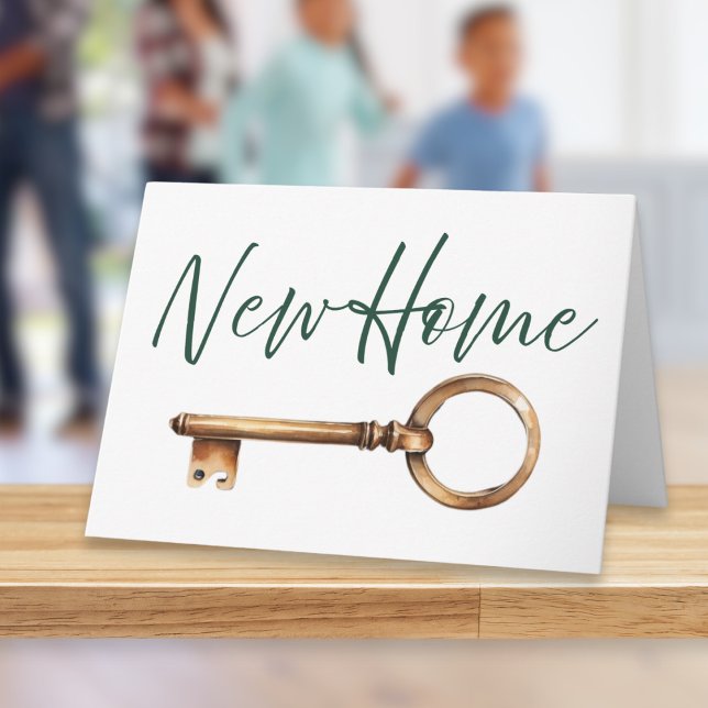 Carte Simple Style Clé Moderne Nouvelle Maison (A stylish card with 'New Home' words in elegant script typography and a classic door key picture)