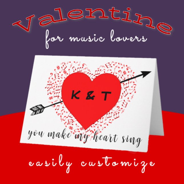 Carte Simple thème de musique Black and Red Valentine's  (Music lovers Happy Valentine's Day )