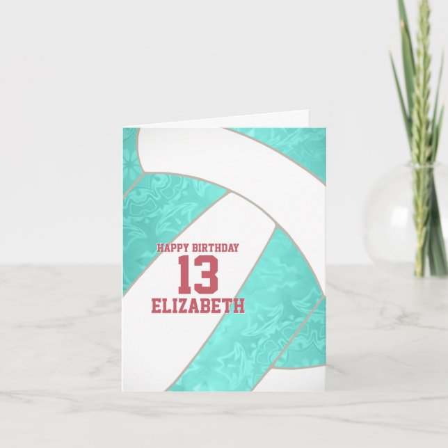 Carte simple turquoise blanc volleyball heureux annivers (Devant)