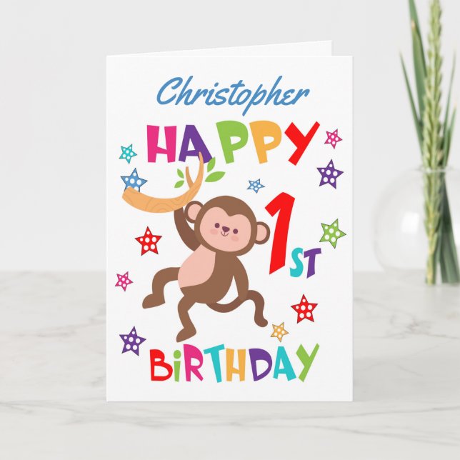 Carte Singe Cheeky personnalisé 1er anniversaire (Devant)