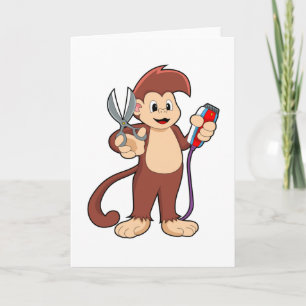 Carte Singe coiffeur avec ciseaux et rasoir