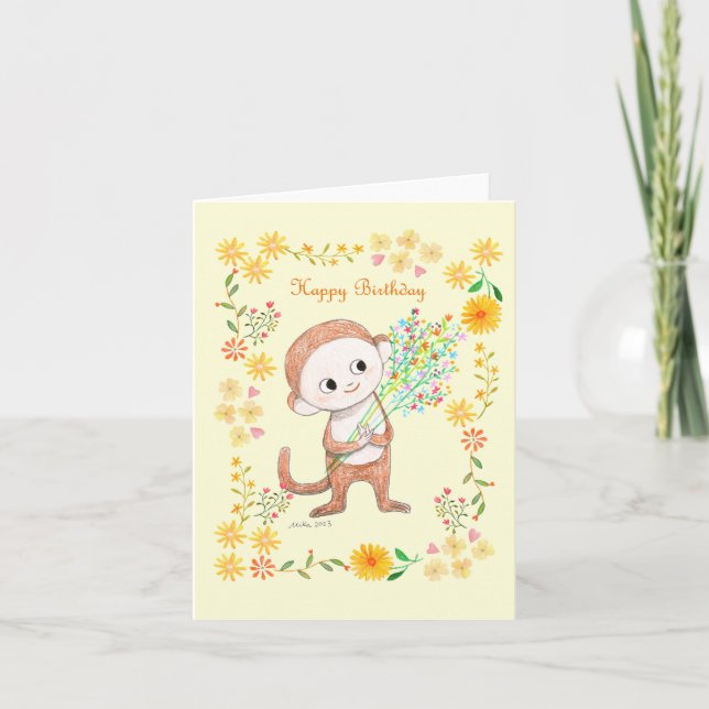 Carte Singe mignon avec des fleurs Adorable Joyeux Anniv (Devant)