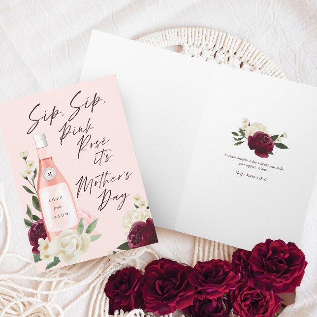 Carte Sip, Sip, Rosé Rose C'est la fête des mères Vins F (Sip, Sip, Pink Rosé It's Mother's Day Wine Floral Card)