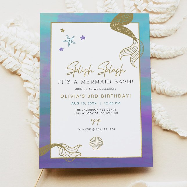 Carte SIREN Purple Gold Mermaid Bash fête d'anniversaire (Créateur téléchargé)