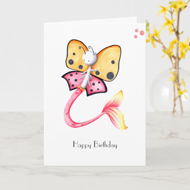 Carte Sirène à papillon rose Whimsical Joyeux anniversai (Fleur jaune)