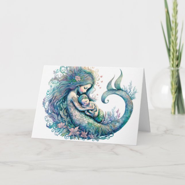 Carte Sirène avec bébé aquarelle nouvelle douche pour bé (Devant)