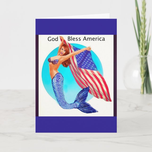 Carte Sirène patriotique tenant le drapeau américain (Devant)